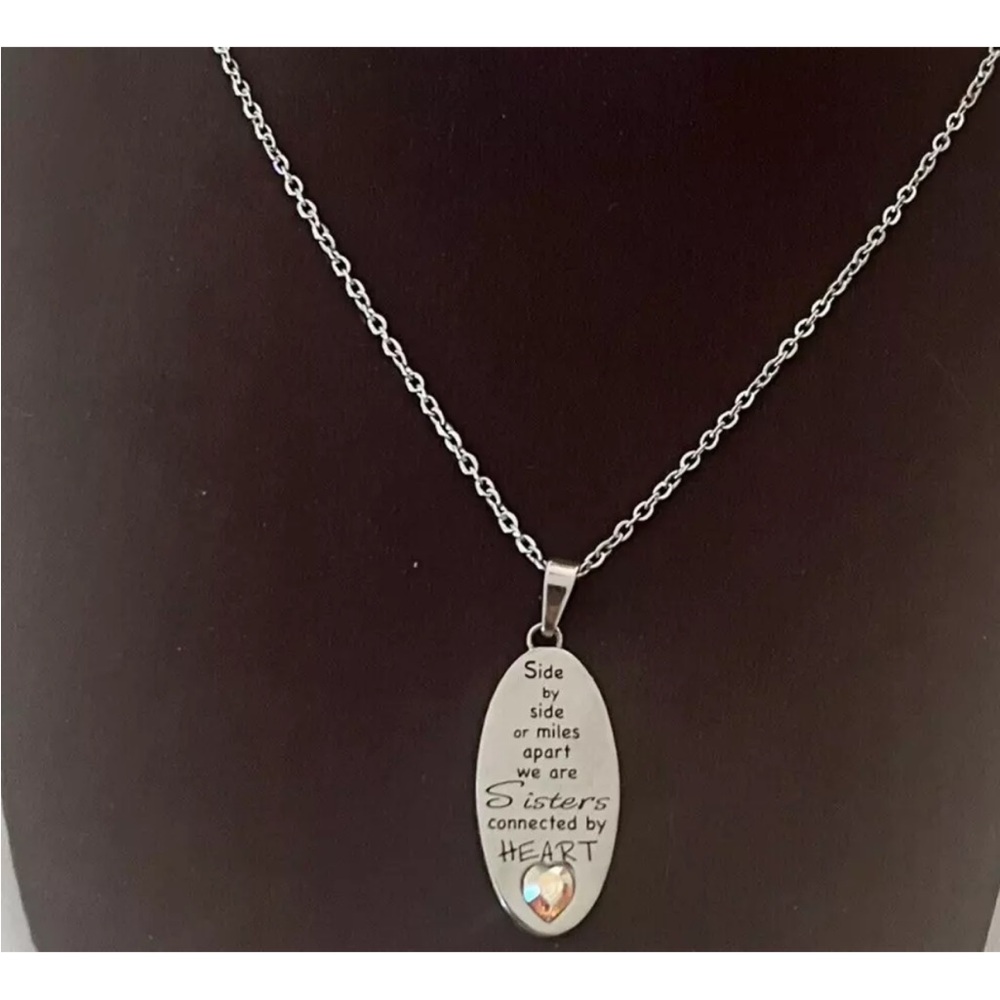 Sisters Connected by Heart Necklace Stainless Steel 18”